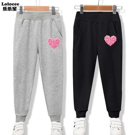 New Arrival Kids Elastic Pants Spring Autumn Cotton Girls Flower Heart Print Clothing 3-14 Years