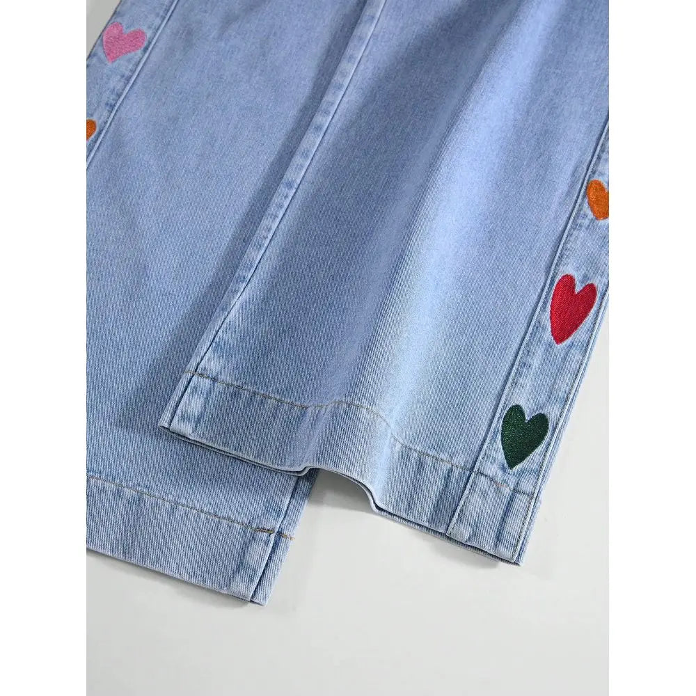 Heart Embroidered Wide-Leg Jeans — Elastic-Waist Slant-Pocket Casual Denim — variant view 4