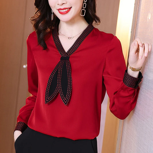 Spring Autumn Women Red Shirt Elegant Fashion Bow V-neck Long Sleeve Shirts Real Silk Blouses Female Loose Blouse Solid Tops