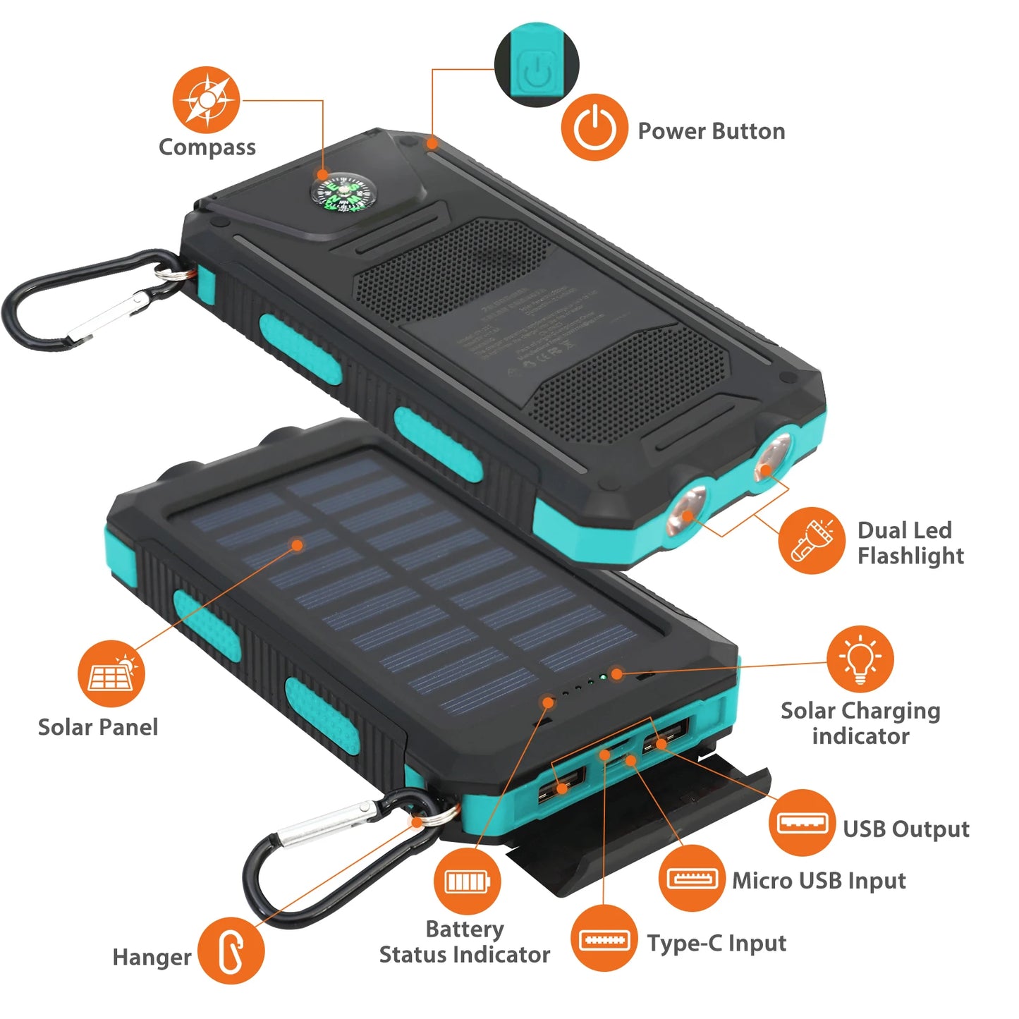20,000mAh Solar Power Bank Waterproof — Compass Flashlight SOS Outdoor — view 4 of power banks