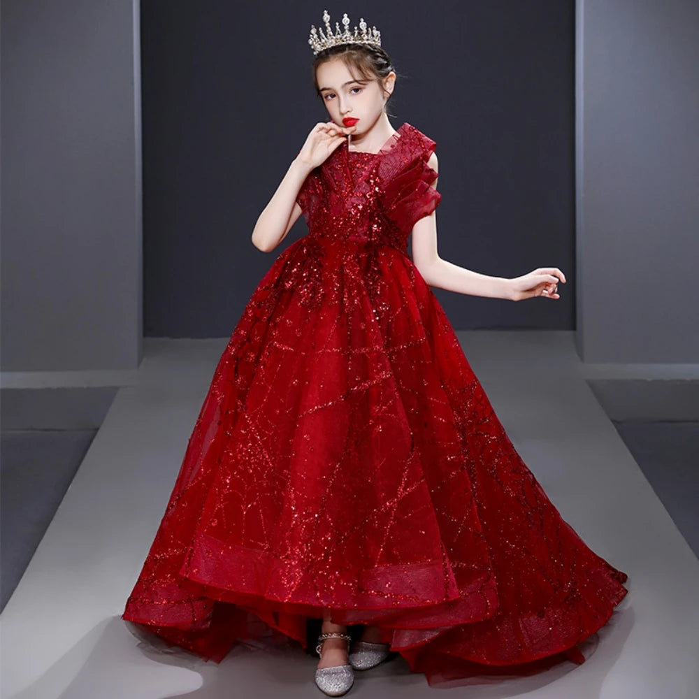 Fashion Red Sleeveless Backless Ball Gown Long With Train Violin Performance Exquisite Sparkly Sequins Evening Dress For Girls