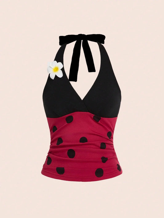 Polka-Dot Halter Tank Top — Retro Floral-Trim Pin-Up Cami for Summer Dates — view 1 of tanks & camisoles