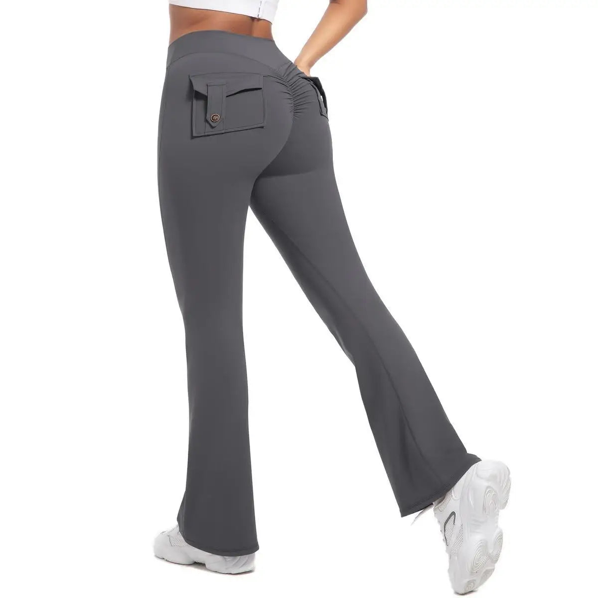 High-Waisted Yoga Flare Pants — Wide-Leg Tummy-Control Trousers with Pockets — view 2 of sports & fitness
