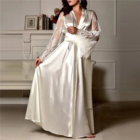 Home Robe for Women Lace Patchwork Long Bathrobes Female Nightgown Silk Plus Size Gown