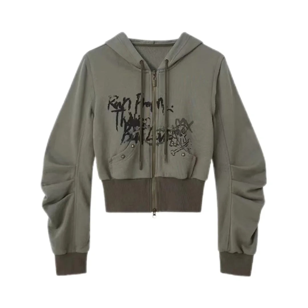 Harajuku Zipper Hoodies Loose Grunge Crop Casual Fashion All Match Streetwear Women Y2k Aesthetic 2024 Vintage Print Sweatshirt
