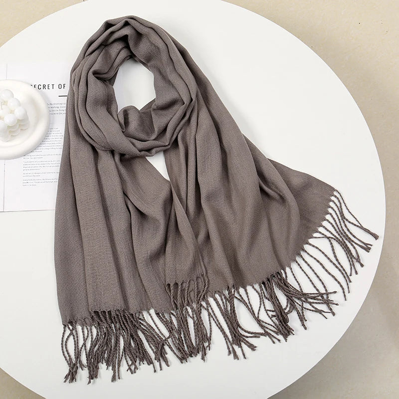 Solid Pashmina Scarf Tassel — Minimalist Cashmere-Feel Capsule Wardrobe Wrap for Women & Men — view 13 of scarves & wraps