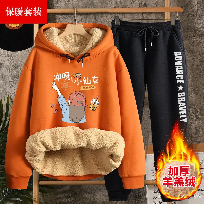 Hoodies Women Autumn Winter New High School Students Thick Lamb Velvet Suit Two-piece Sweatshirt Pants Harajuku Clothes Femme