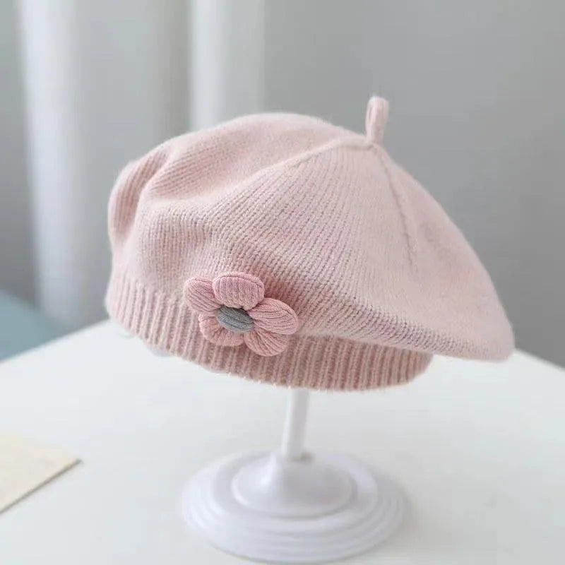 Flower Baby Beret Hat - Knitted Painter Cap for Infant Girls, Cute Toddler Princess Beret