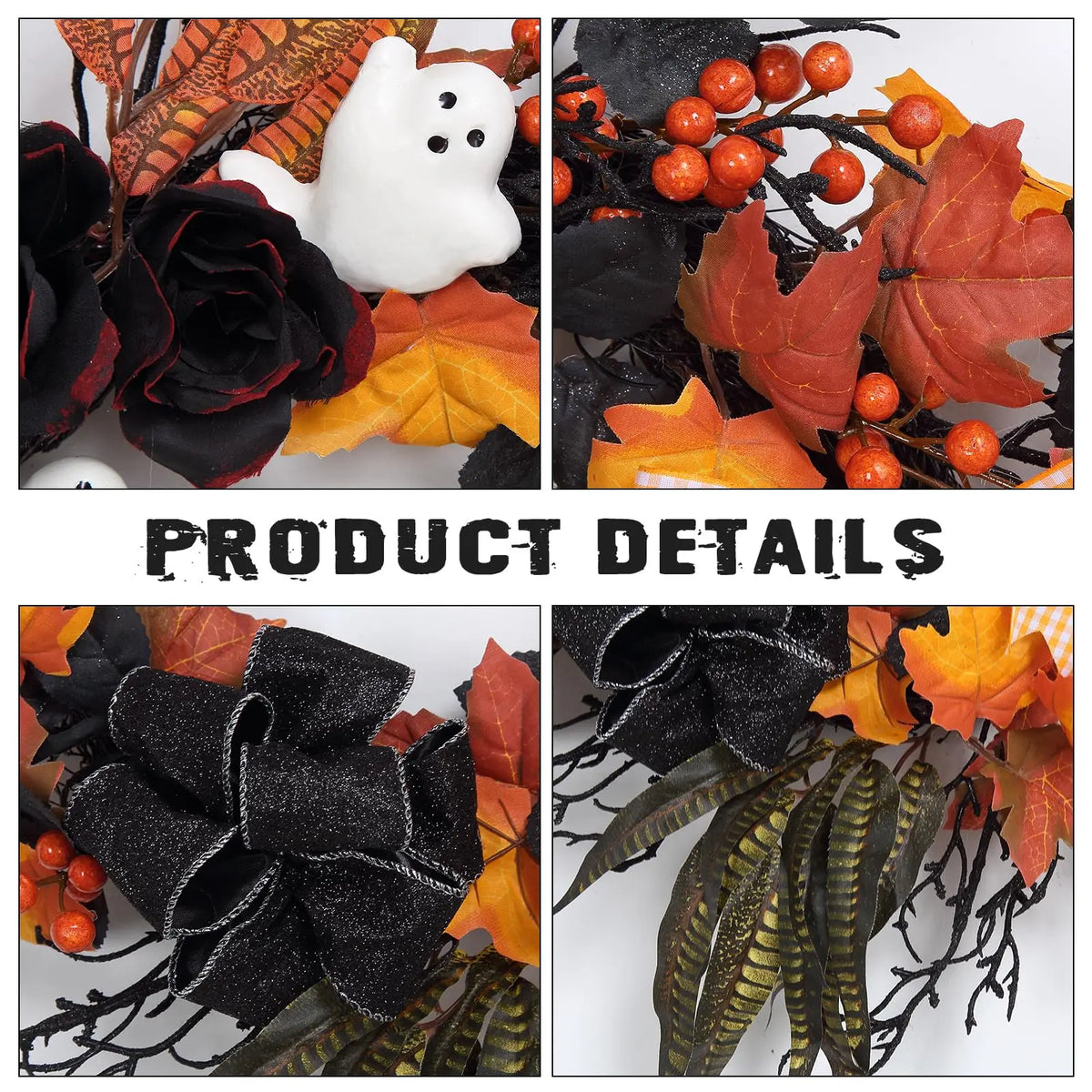 26-Inch Halloween Ghost Wreath for Front Door with Black Roses — product photo 4