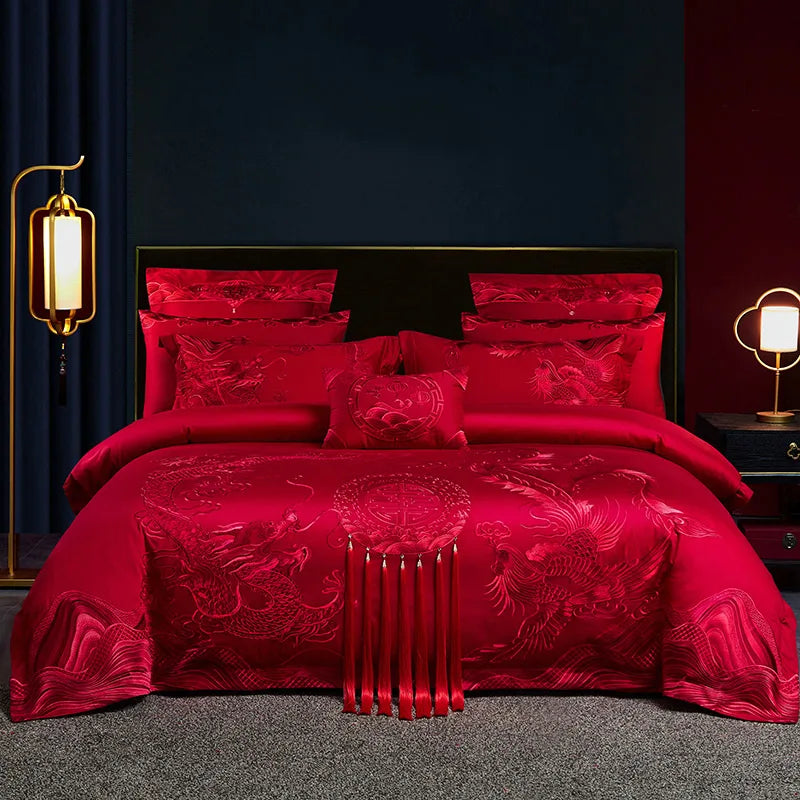 Loong Phoenix Embroidered Satin Bedding Set – Luxury Chinese Wedding Red Cotton Duvet Cover & Bed Sheet