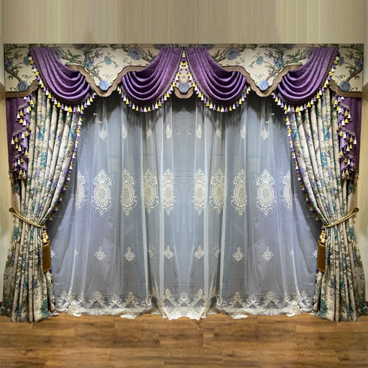 Custom Gorgeous vintage villa American purple Chenille jacquard living room  cloth valance blackout curtain tulle drape C2028