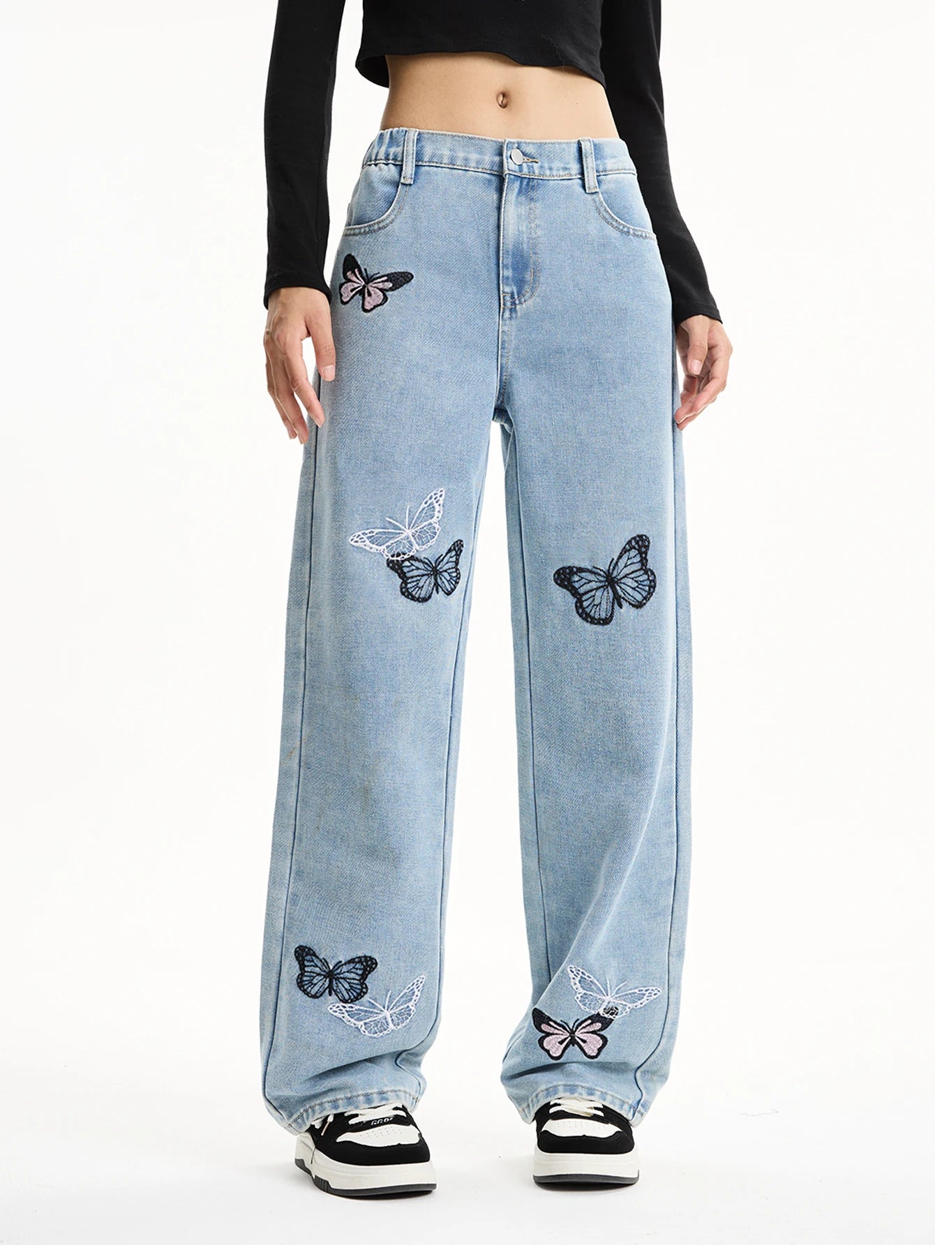 Girls' Y2K Butterfly Embroidered Wide-Leg Jeans — Loose Straight-Leg Denim — back view