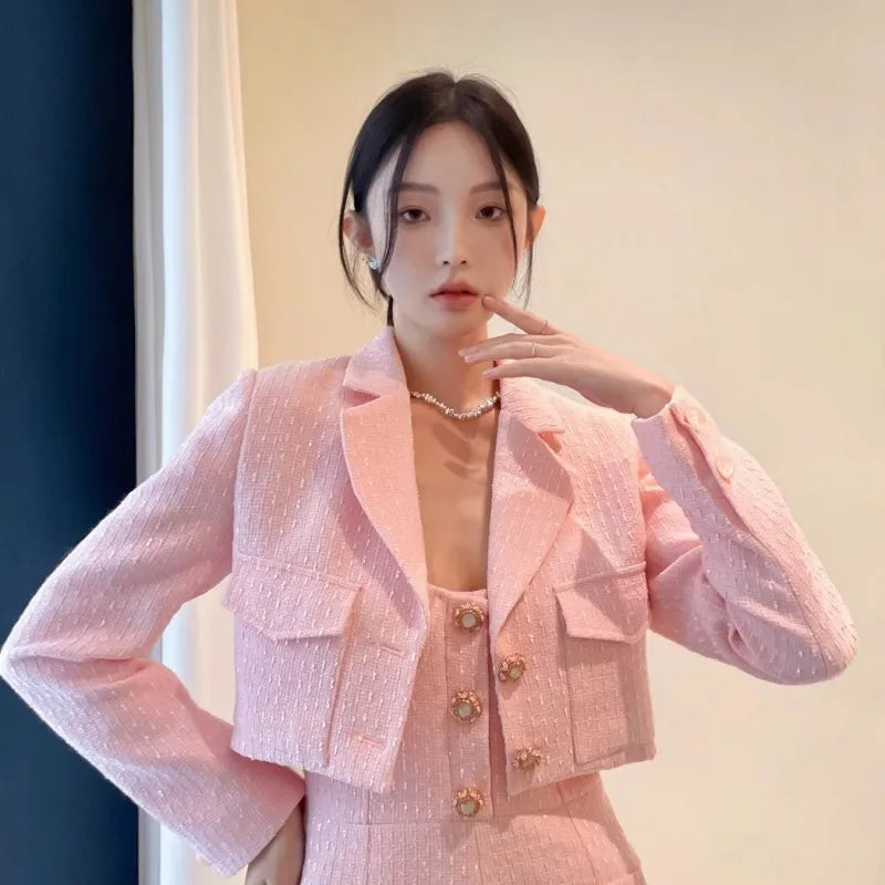 Office Lady Fashion Long Sleeve Pink Tweed Jacket Suspenders Playsuits Two Piece Set Sweet Women Spring Autumn Matching Sets