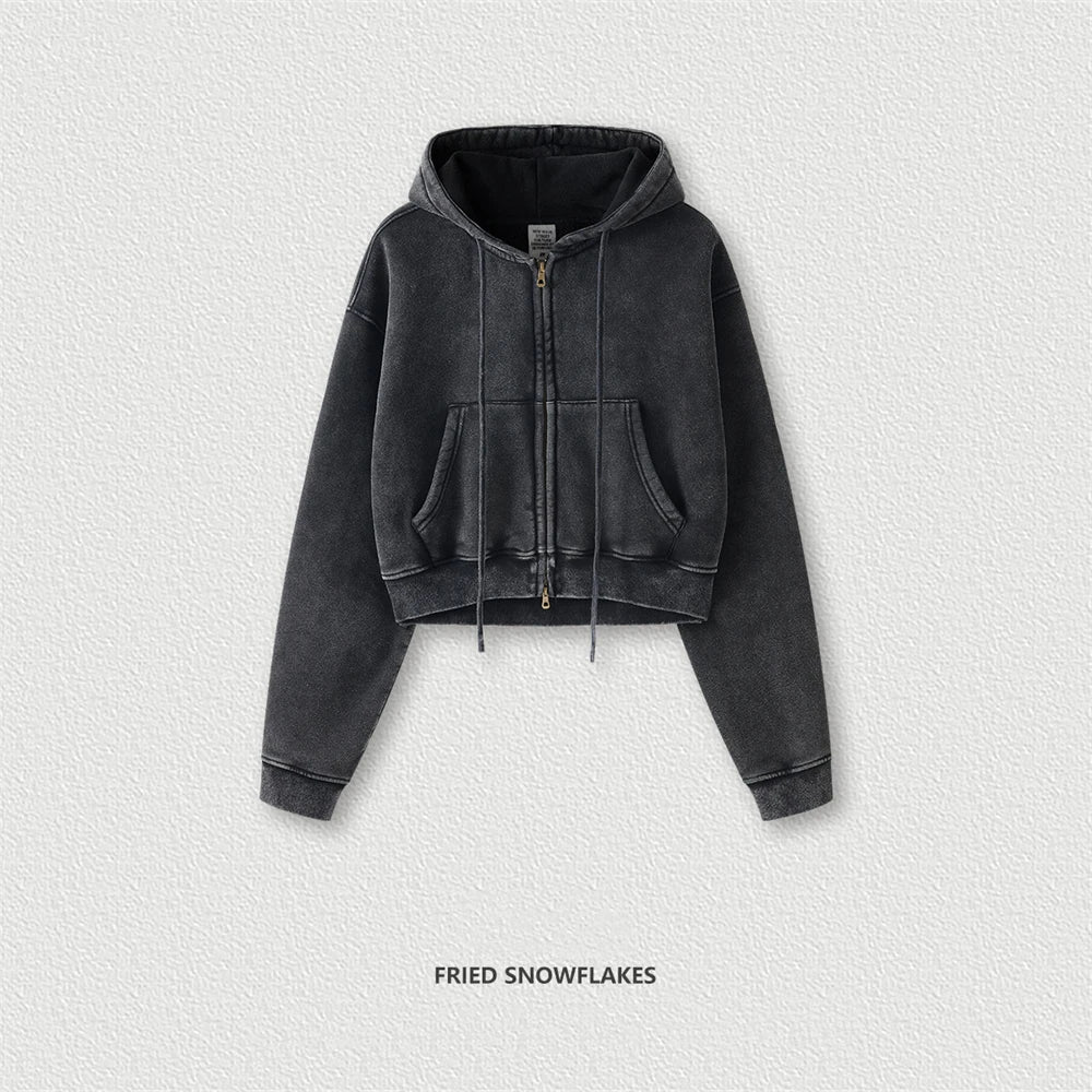 ZODF Retro 2023 Winter Women Short Zipper Hoodies Female Girls Loose 355gsm Thick Fleece Hooded Zip-up Coat Streetwears HY0448