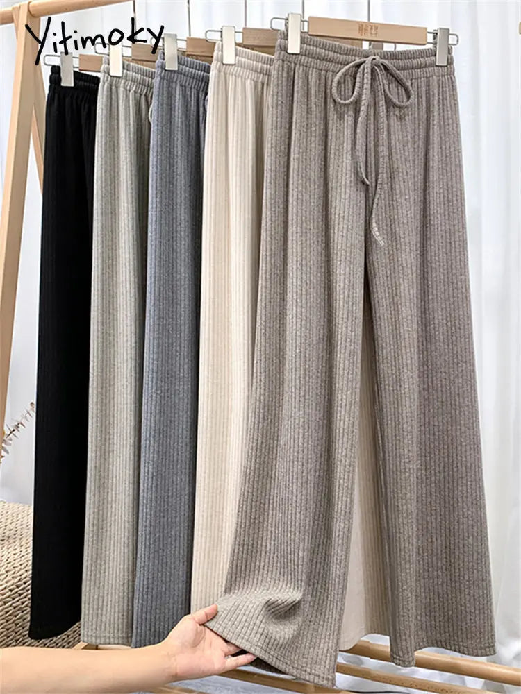 Yitimoky High Waisted Straight Pants for Women Knitted Drawstring Wide Leg Pants Korean Fashion