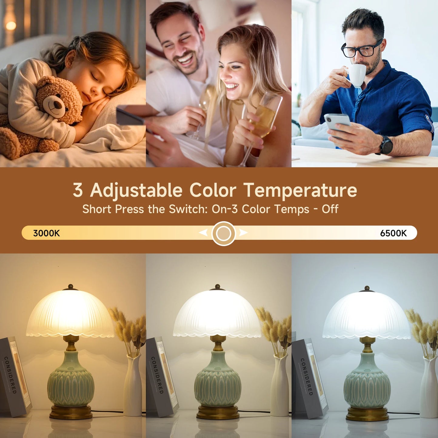Vintage Ceramic Table Lamp &mdash; 16 in Modern Retro Bedside Nightstand Lamp for Living Room — view 6 of lighting