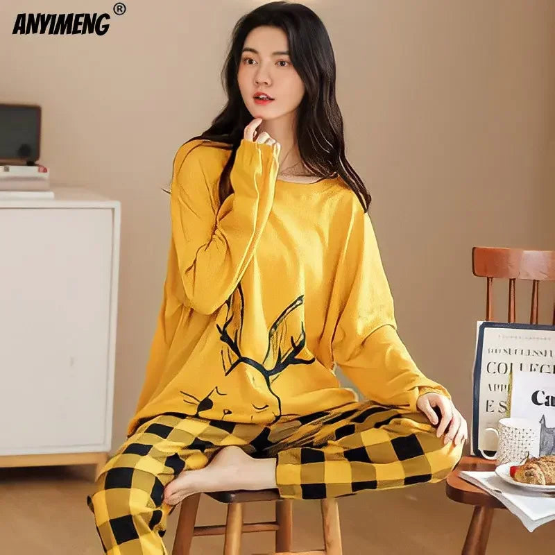 M-5XL Big Size Autumn Spring Pajamas Set for Women Kawaii Printing Sleepwear for Girl Fashion