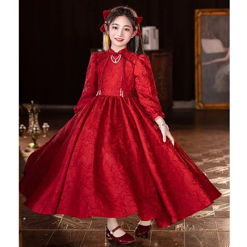 Classic Red Luxury Long Dresses For Girls Fashion Prom Host Elegant Costumes Formal Birthday Banquet Children High Quality Gowns