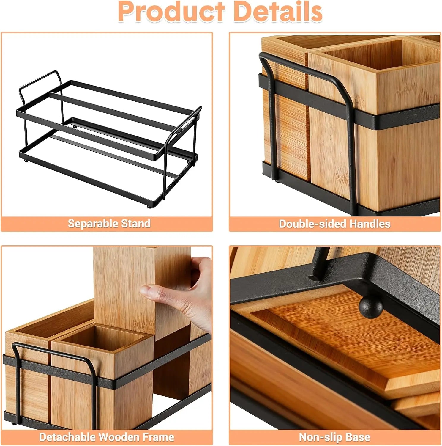 Wood Kitchen Utensil Holder with Metal Tray, Spoon & Fork Storage — product photo 3
