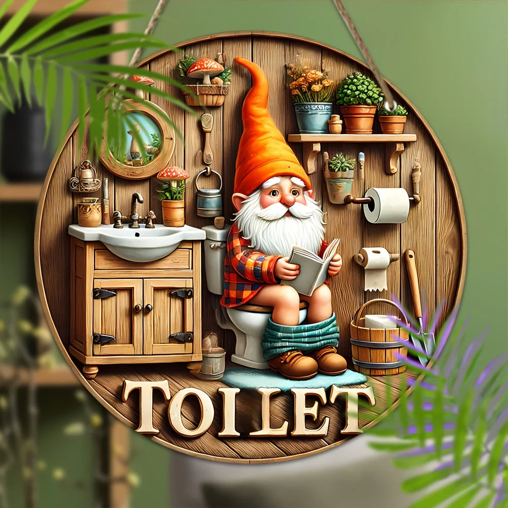 Home Decor Country Farmhouse Wooden Toilet Sign — Charming Dwarf Design 8x8 in Round Wall Decoration — view 2 of home decor