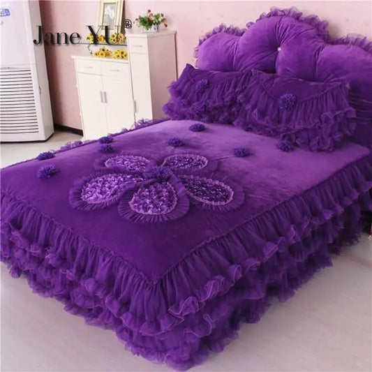 Winter Coral Fleece 4pcs Set Lace Princess Wind Pastoral Padded Plush Bed Skirt Double-sided Fleece Quilt Cover Bedding Sets