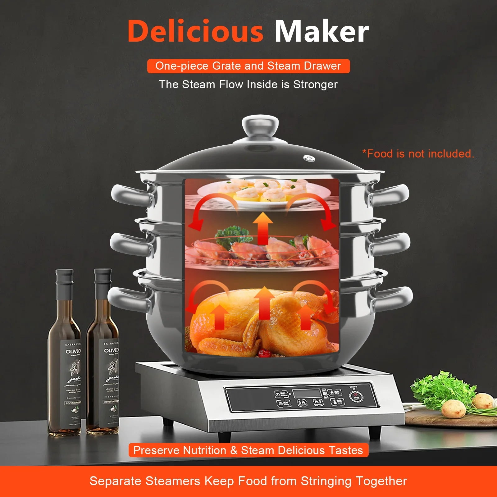 3-Tier 28cm Stainless Steel Steamer Pot Multi-Function Cooking Vegetable Seafood Dim-Sum Steamer wit