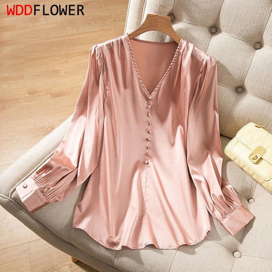 Women Silk Blouse 92% Mulberry Silk 8% Spandex 21 Momme Pink V Neck Long Sleeve Pullover Top Shirt Office Lady L XL XXL QQ013