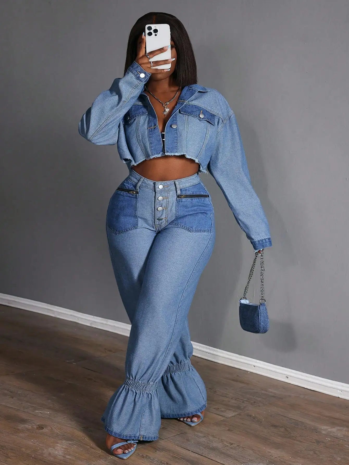Plus-Size Ruffle-Hem Denim Jeans — Zipper Pocket Loose Casual Fit — detail view
