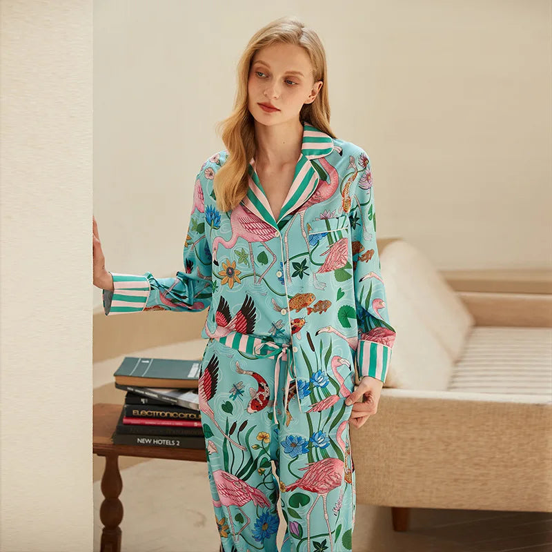 Ins Style Design Ice Silk Flamingo Pajamas Women's Spring Summer Long Sleeves Pants Home Suit Plant Flowers