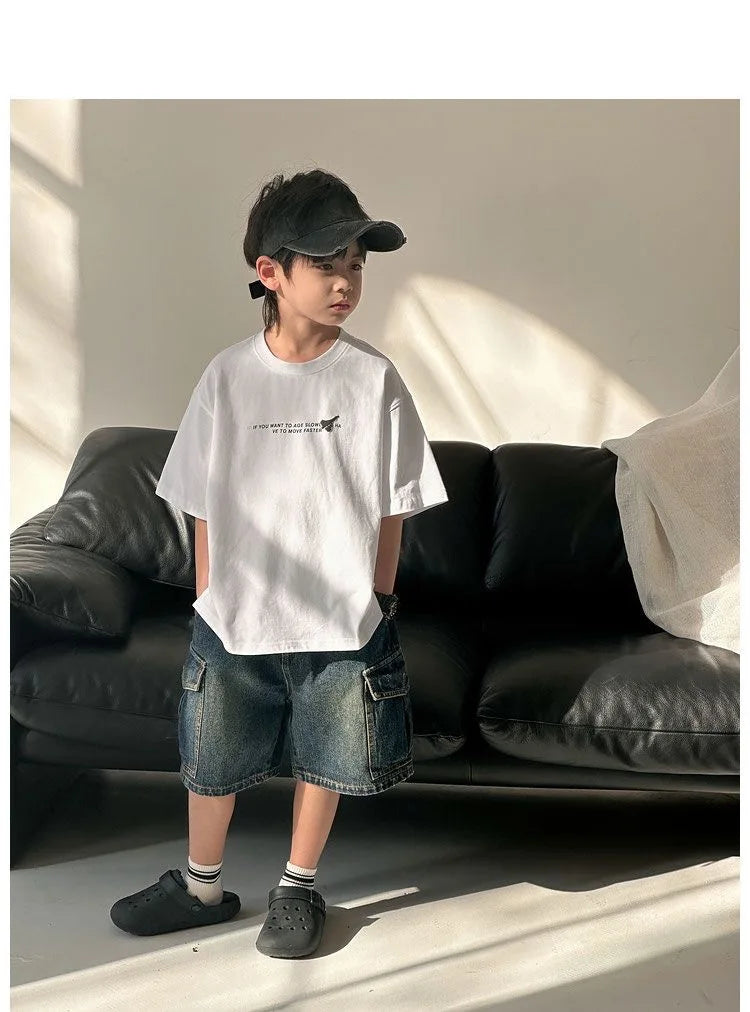 Boys Jean Shorts Kids Eastic Band Short Pant Teenagers Cargo Trousers 2024