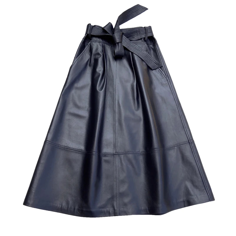 New Jupe Femme Genuine Leather Lange Rokken Women Sheepskin Large Hem High Waist Plus Size Long Skirt Black/Dark Red Flada Mujer