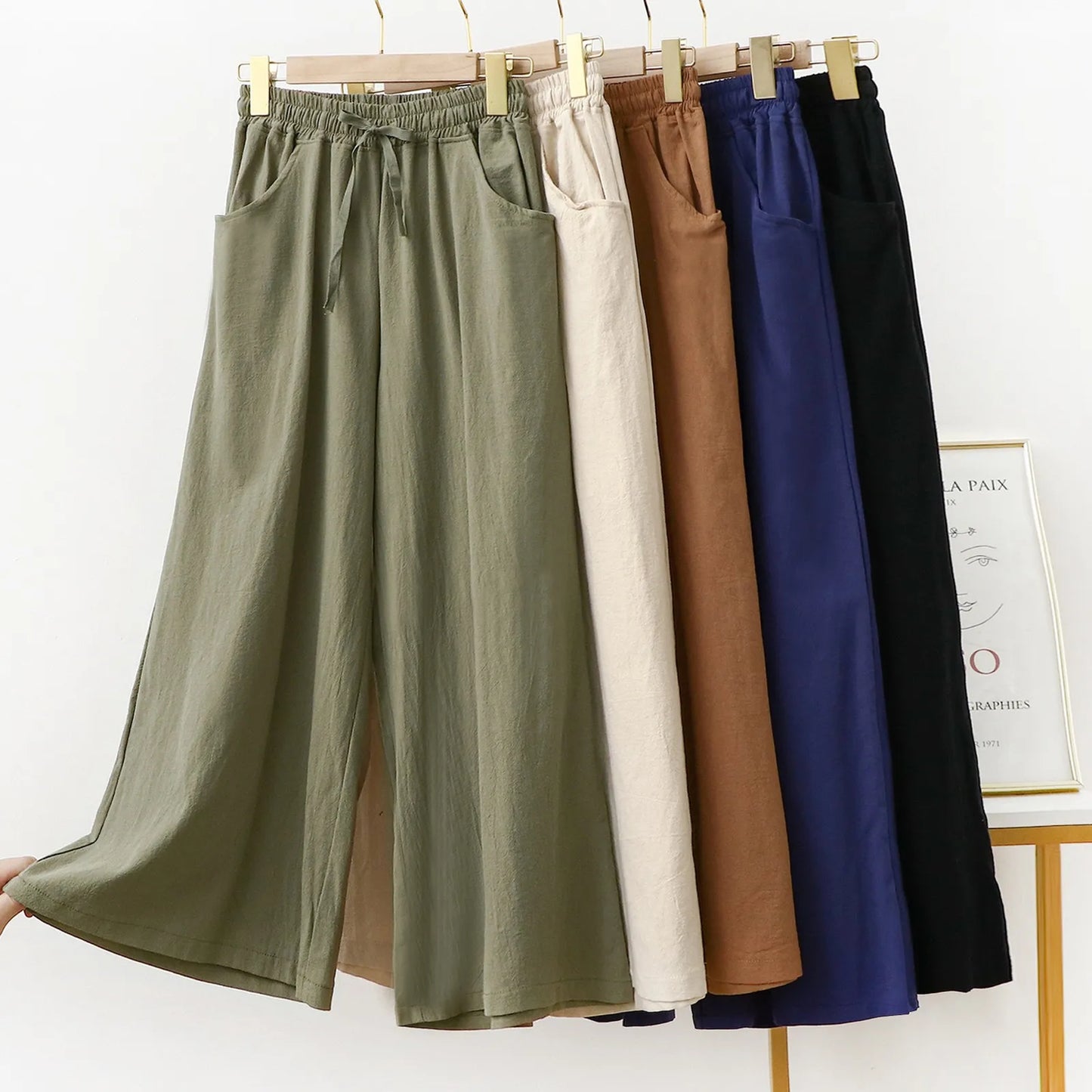 Summer Cargo Pants Women Solid Pocket Wide Leg Pants Elastic Waist Loose Pants Plus Size