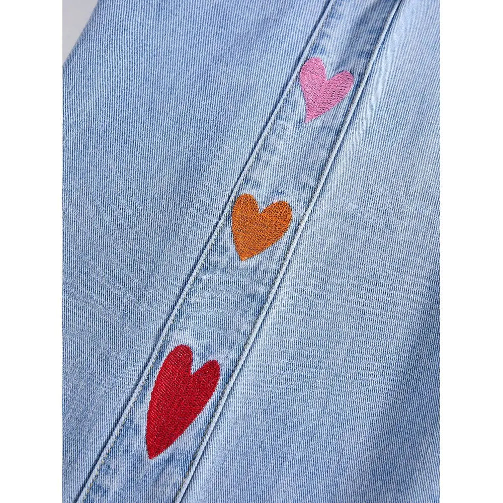 Heart Embroidered Wide-Leg Jeans — Elastic-Waist Slant-Pocket Casual Denim — variant view 5