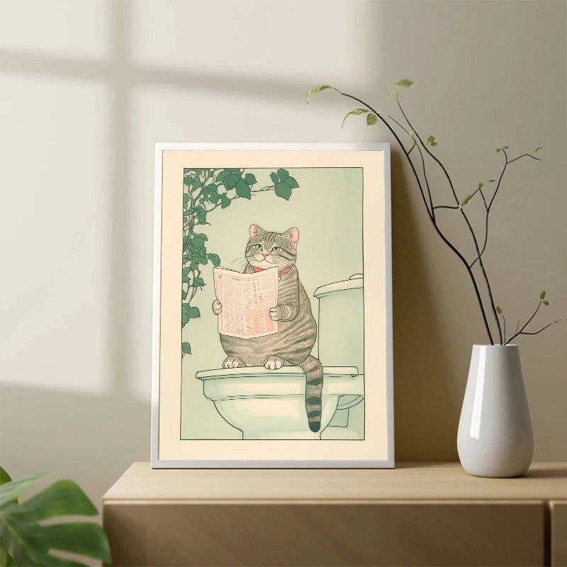 Japanese Tabby Cat in Bathtub Canvas Poster &mdash; Retro Japandi Wall Art for Bathroom &amp; Home — view 4 of wall art & prints