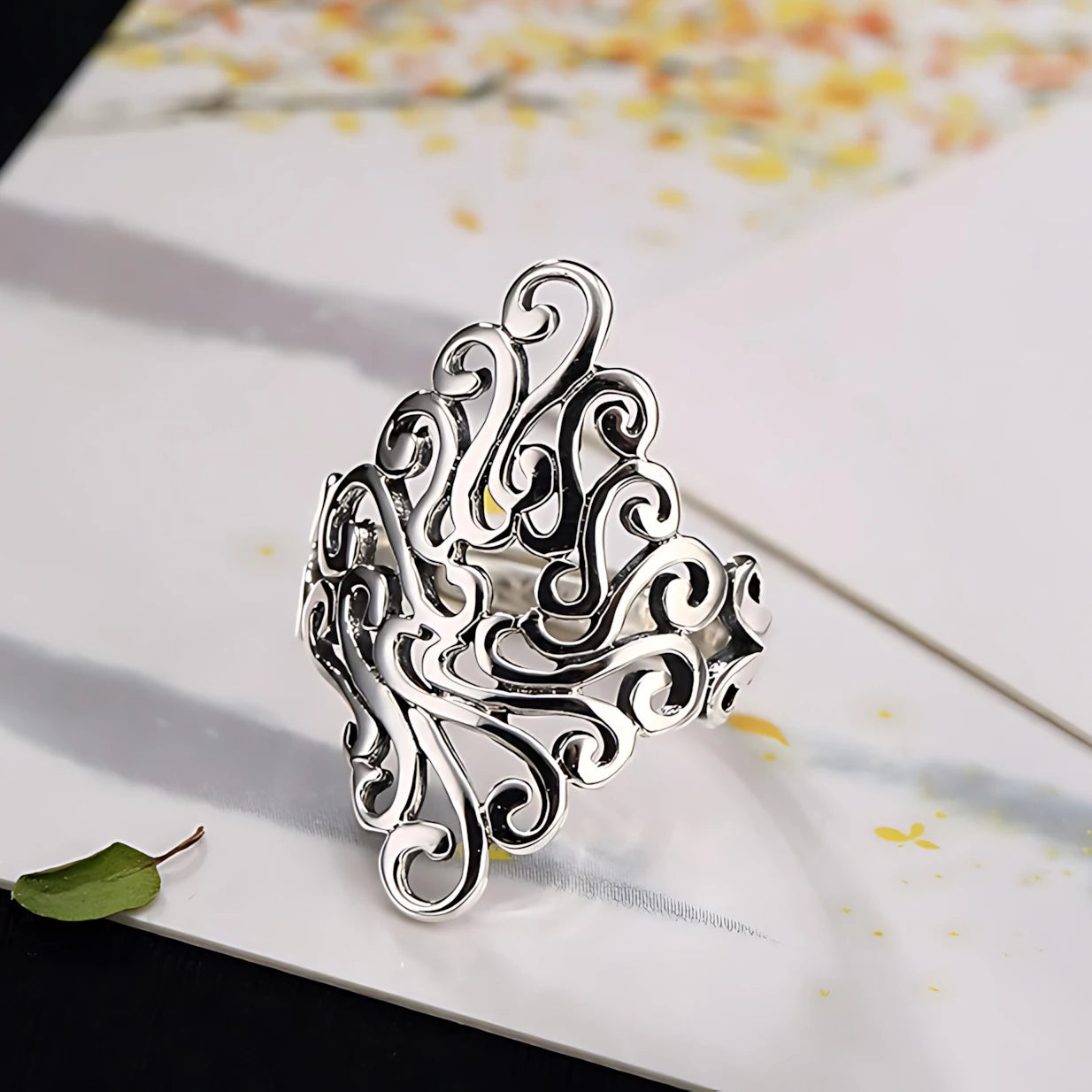 VENTFILLE Women's 925 Sterling Silver Flower Ring — Hollow Retro Fine Jewelry Gift