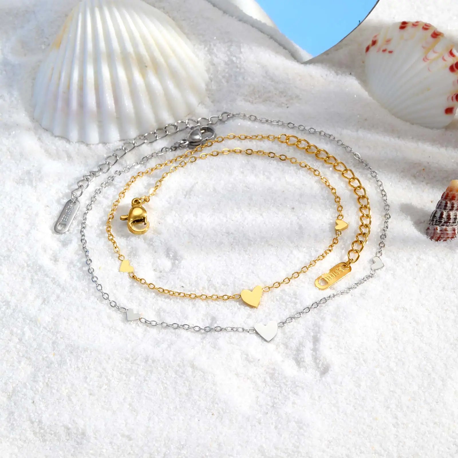 Stainless Steel Heart Anklet — Gold-Plated Dainty Beach Anklet for Women — view 3 of jewelry