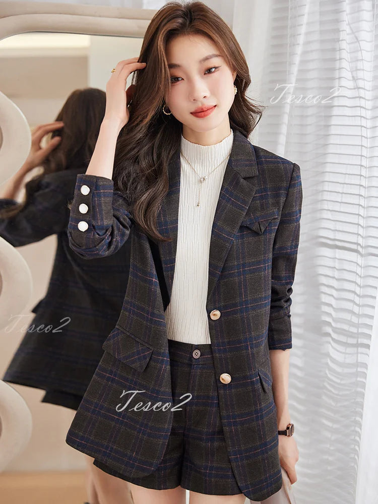 Tesco Fashion Plaid Women's Suit Blazer Spring Short Pants 2 Piece Casual Outfits For Prom Party England Style Pantsuit