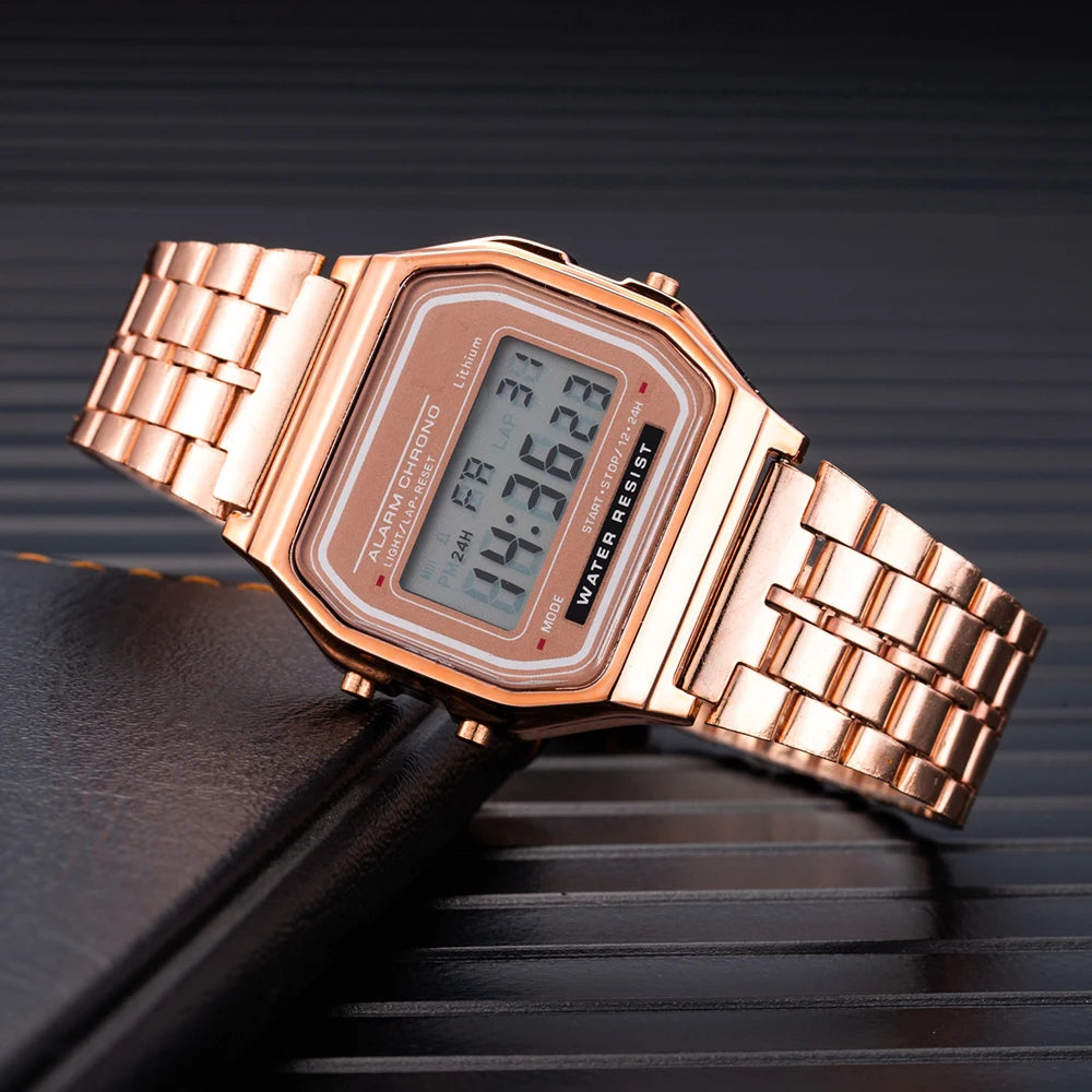 Men's digital LED multifunction sports watch with gold stainless steel bracelet — view 2