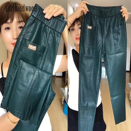 2023 Fall Winter Leather Pants Women High Elastic Waisted