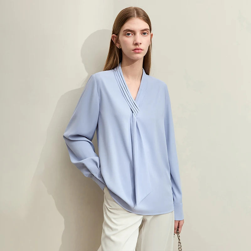 AMII Minimalism Chiffon Shirt for Women 2024 Spring New Commuter Pleated V-neck Flutter Belt Straight Solid Lady Blouse 12421061