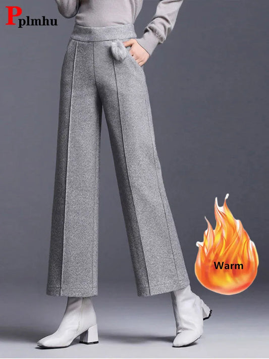 Elegant Woolen Blend Wide Leg Pants Office Lady High Waist Straight Pantalones Autumn Winter