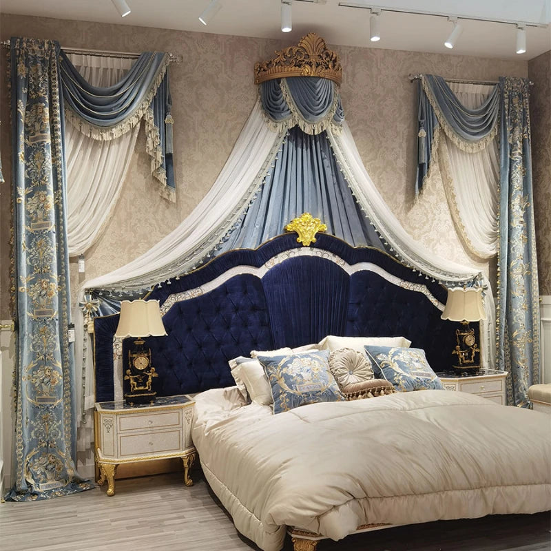 Custom European Palace Velvet Embroidered Curtains – Luxury Bed Valance & Tulle Drapes