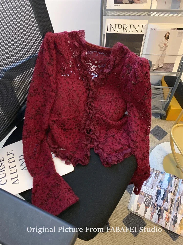 France Ankela Red Crochet Hollow V-neck Lace Shirt Spring Sexy Women Long Flare Sleeve Bottoming Shirts with Chest Pad Small Top