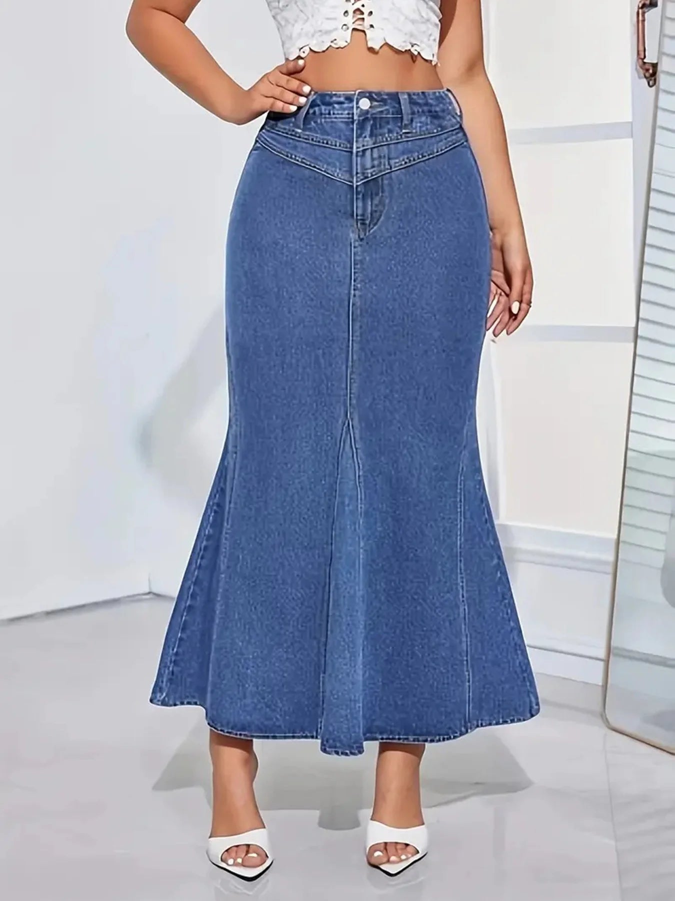 Denim Fishtail Skirt — Mid-Waist Stretch Mermaid Midi Skirt — variant view 5