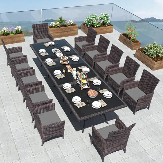 15pcs Patio Outdoor Dining Set, Wicker Furniture Set of 12 Rattan Chairs w/ Soft Cushions & Two Square Table w/ Umbrella Cutout