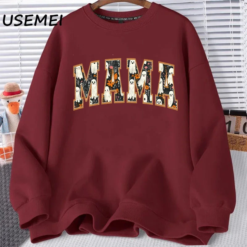 Mama Halloween Sweatshirt Mom Cute Spooky Crewneck Spooky Season Crewneck Sweatshirts Fall Floral Ghost Hoodies Women's Clothing