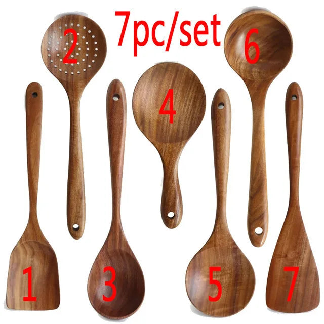 Teak Wooden Cooking Spoons Set — Smooth Non-Stick Kitchen Utensils (1-10 Pcs) — view 9 of dining & tableware