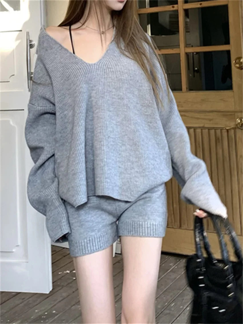 PLAMTEE Winter Knitwear Women Two Pieces Suits Slim Pullovers Chic Sweaters Elegant 2025 New Gentle Casual High Street Shorts