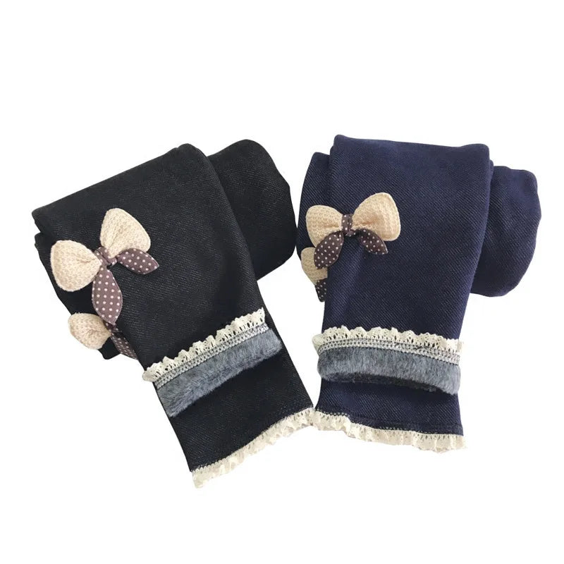 New Autumn Winter Girls Jean Pants Warm Children Leggings Thicken Velvet Bowknot Kids Trousers