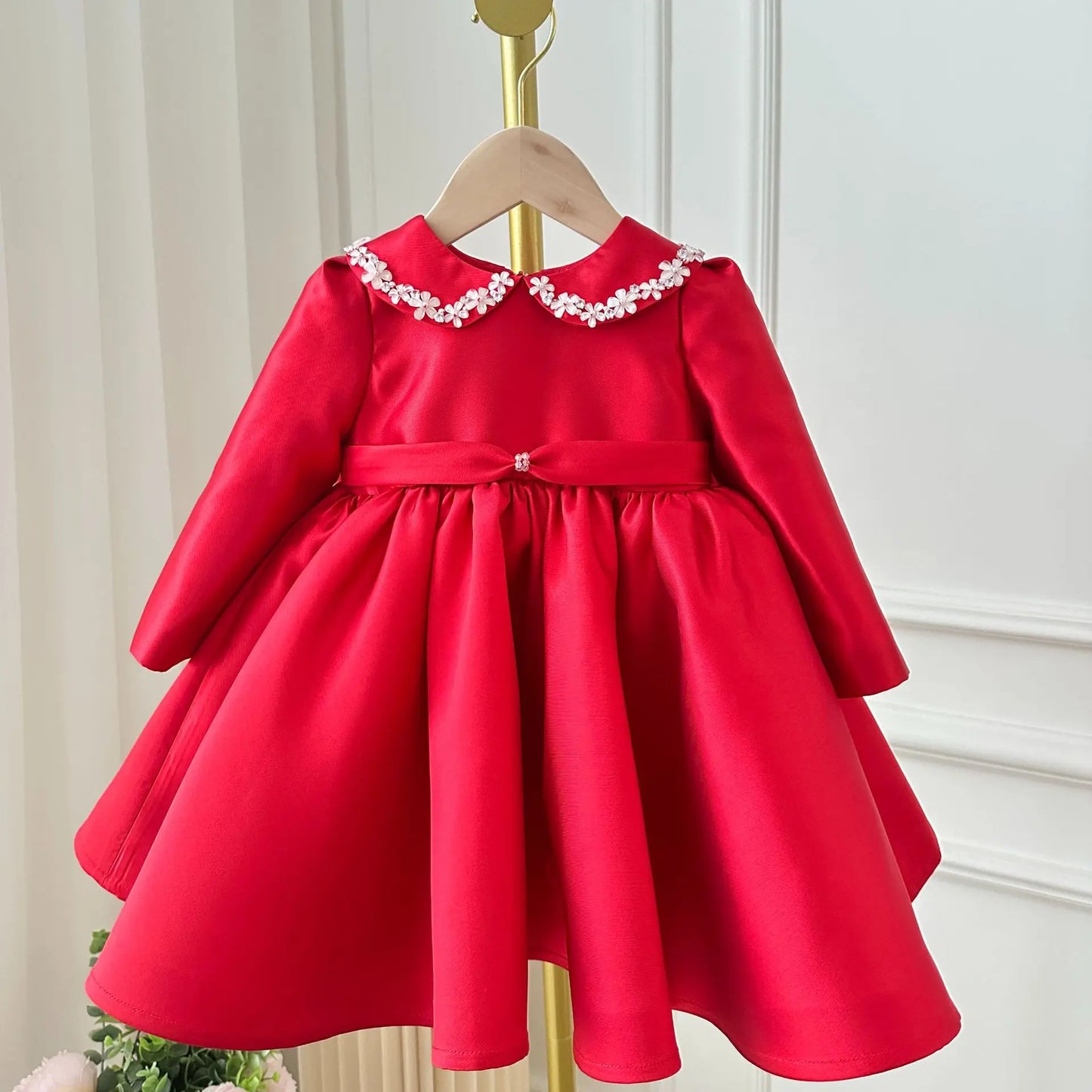 Red Long sleeved Girl's Satin Princess Dress Children's Birthday Dress kids dress wedding